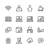 Work from Home, Remote Work Line Icons. Editable Stroke. Pixel Perfect. For Mobile and Web. Contains such icons as Wifi, Coffee, Video Chat, Video Conference, Business Meeting, Online Messaging, Video Call, Office Desk, Camera, Support, Cloud Computing.