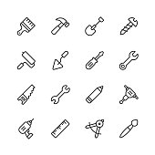 Work Tools Line Icons. Editable Stroke. Pixel Perfect. For Mobile and Web. Contains such icons as Wrench, Saw, Work Tools, Screwdriver, Screw, Paintbrush, Shovel, Chainsaw, Ruler, Axe, Hammer.