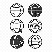 World wide web concept globe icon set. Planet web symbol set. Globe icons for websites.