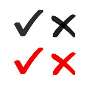 Yes no check box list marker ticks icons vector isolated, x close handdrawn cross, ok doodle poll vote checkmark, right wrong drawing, approved and declined decision form accept or deny element sign