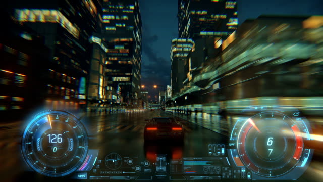 3d fake Video Game. Racing simulation. night city. lights after rain. part 2 of 2. Hud