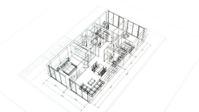 Abstract Apartments Building Process with Furniture on White Background. Last Turn is Loop-able. Looped 3d Animation of Rotating Blueprint. Construction Business Concept.