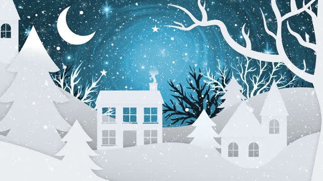 Animation of christmas winter scenery with crescent moon