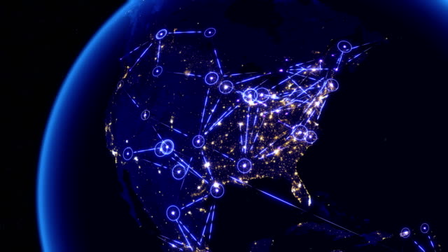 Global communications through the network of connections over North America.