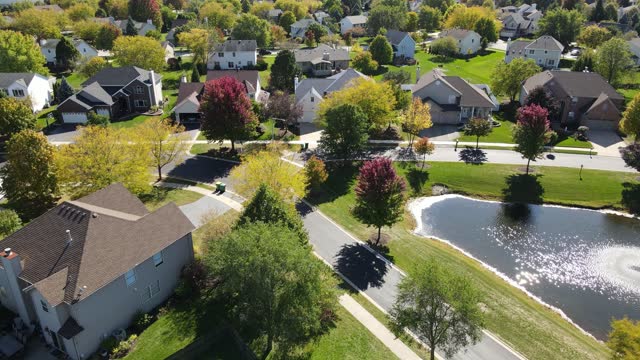 Overhead aerial view of colorful autumn trees, residential houses and yards with drainage pond along suburban street in Chicago area. Midwest USA. 4K
