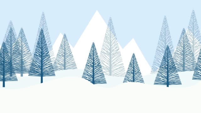 Winter snow landscape background with fir trees. cartoon 2D animation. Loop footage 4k